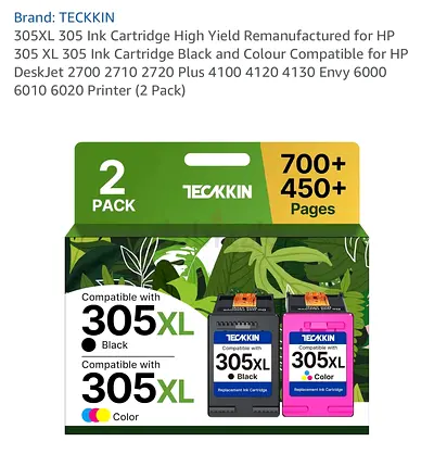 2-Pack 305XL (Black + Color) HP DeskJet 2700 2710 2720 Plus 4100 4120 4130 Envy 6000 6010 6020