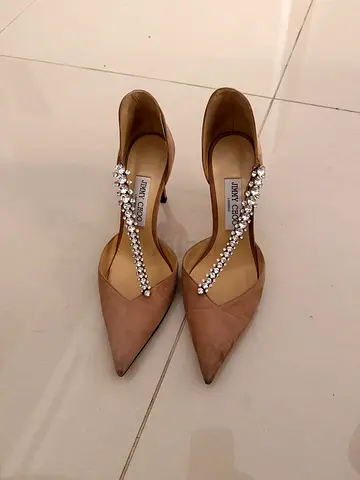 Jimmy Choo nude suede pumps with crystal strap