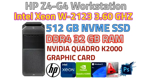 32GB DDR4  RAM-HP Z4-G4 Workstation-Intel Xeon W2123 3.60 GHZ CPU-512GB NVME SSD-2GB QUADRO K2000