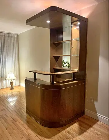My solid wood home bar with built-in shelves  lighting