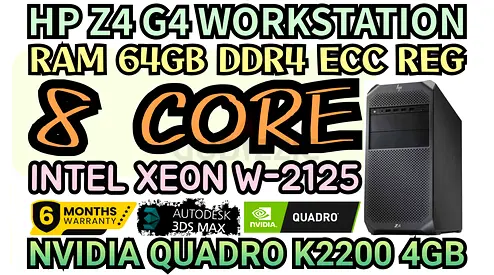 HP Z4 G4 WORKSTATION 8 CORE INTEL XEON W-2125 NVIDIA QUADRO K2200 4GB DDR5 RAM 64GB DDR4 ECC REG