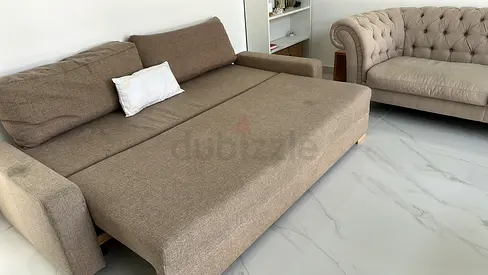 Large Brown Fabric Sofa Bed - Comfortable L-Shaped Daybed