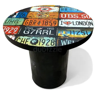 Round Industrial Side Table with Vintage License Plate Top