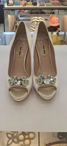 Miu Miu ivory peep-toe heels with crystal embellishments - size available