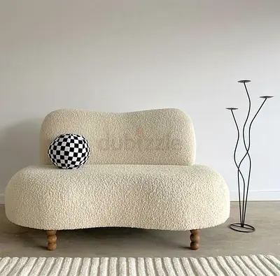 Cream Bouclé Two-Seater Sofa with Wooden Legs - Modern Curved Design
