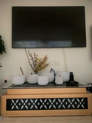 55-inch LED TV mounted with entertainment console and accessories