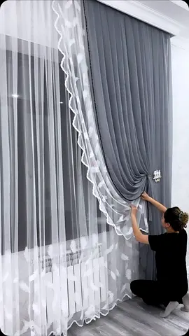 Grey blackout curtains with white ruffled sheer pairing — set of window panels