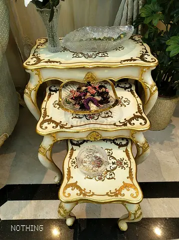 Set of 3 Ornate Cream  Gold Nesting Side Tables