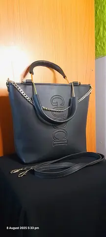 Black Guci-style Leather Tote Bag with Shoulder Strap