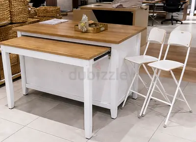 Solid Wood Kitchen Island with Pull-Out Table - White Frame, Natural Top with two bar stools