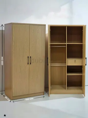 Light Oak 2-Door Wardrobe with Shelves and Hanging Rail - 200cm H