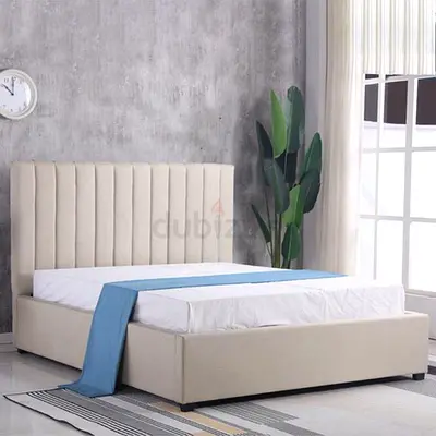 Beige Upholstered Double Bed with Padded Headboard