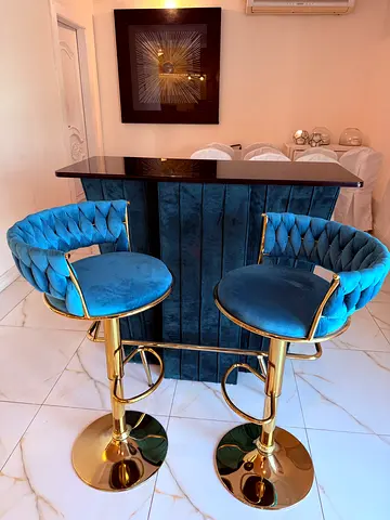 Set of 2 Velvet Blue Bar Stools with Gold Base - Excellent Condition