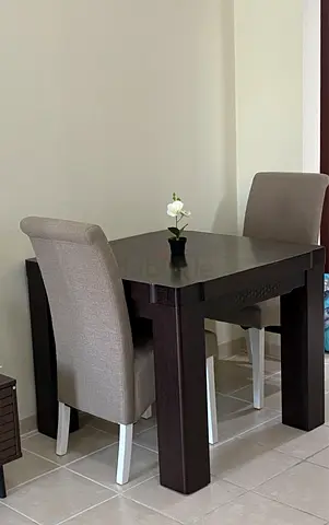 Dark Wood 2-Seater Dining Table with 2 Upholstered Chairs