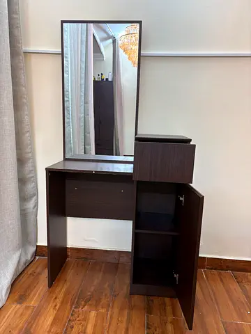 Dark Wood Dressing Table with Mirror and Storage Cabinet