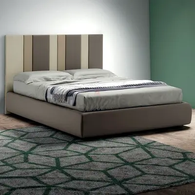 Modern Upholstered Double Bed with Padded Headboard - Beige/Grey