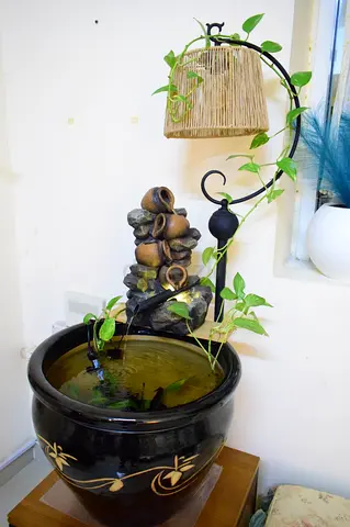 Mini aquatic ceramic pond with water fountain including fishes for adoption