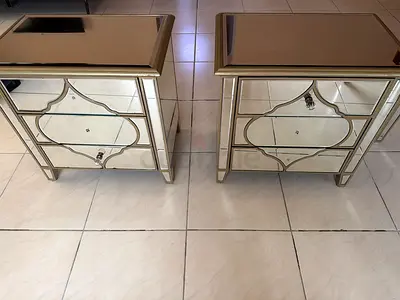 Pair of Mirrored Bedside Tables / Nightstands - Silver Trim, 3-Drawer / Velvet interior ( black )