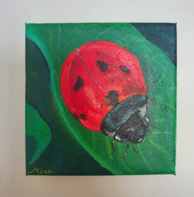 Original Acrylic Ladybug Painting on Canvas by Mina, 10x10cm