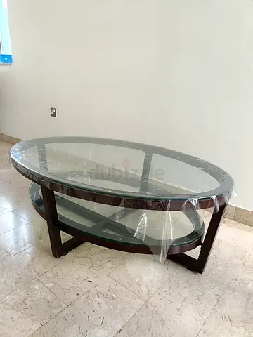 Oval Glass Top Coffee Table with Wooden Frame and Lower Shelf