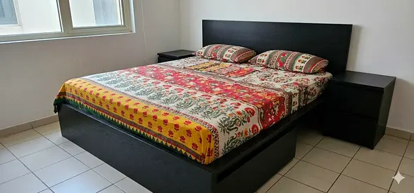 IKEA Dark Wood Queen Bed, Two Matching side Tables, Dressing Table and Mirror, Good Condition