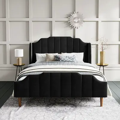 Modern Black Velvet Double Bed with Upholstered Headboard and Footboard
