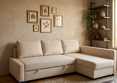 Beige L-shaped Sofa with Storage and Pull-out Bed — Good Condition