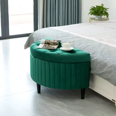 Green Velvet Storage Ottoman Bench - Half Moon Bed-End Seat