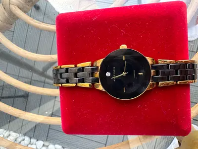 Anne Klein Womens Genuine Diamond Dial Cerami c Bracelet Watch Black Gold 70 AED 💰