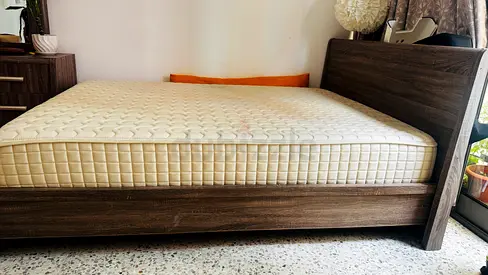 1. Queen wooden bed frame with mattress — good condition along with a dressing table