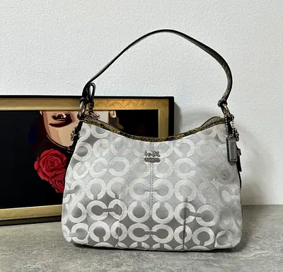 Coach Small “c” Hobo Canvas Shoulder Bag in grey with a snake skin detail strap