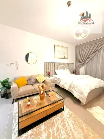Sharjah Uptown Al Zahia, fully furnished studio apartment with hotel-style furnishings, brand new, first occupancy. Spacious apartment with an America