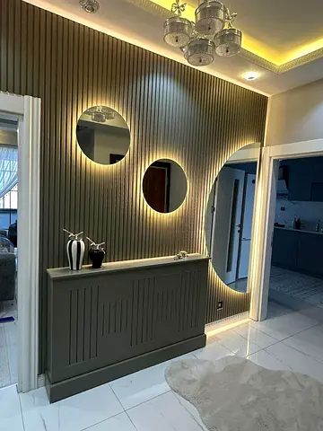 Modern Ribbed Accent Wall Panel with Backlit Round Mirrors