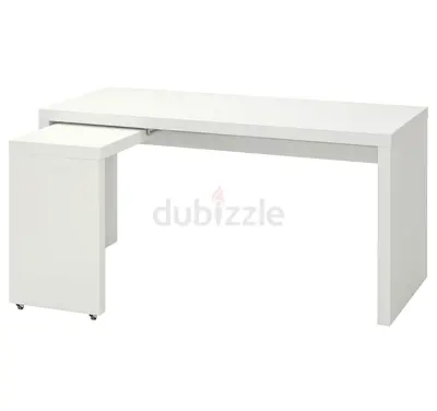White modern study desk with pull-out storage stool — compact and sleek