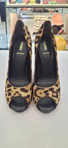 Fendi Leopard Print Peep-Toe Pumps, Size Unknown — Excellent Condition