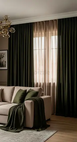 Dark Green Full-Length Curtains with Sheer Inner Panels - Set of 2