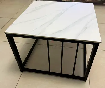 Modern Square Coffee Table with Marble-Effect Top and Black Metal Frame