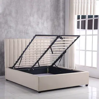 Storage Ottoman Double Bed with Gas Lift — Beige Fabric,