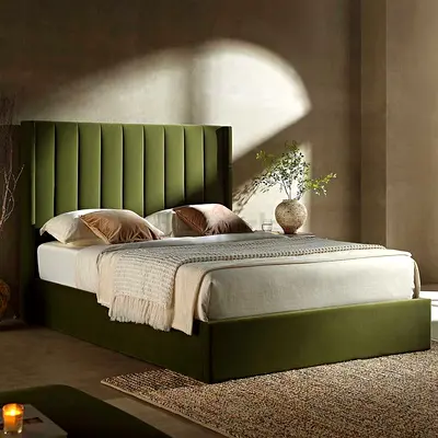 Green Upholstered King Bed with Padded Headboard