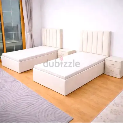 Brand New Single Upholstered Beds with Headboards and Nightstands - Cream