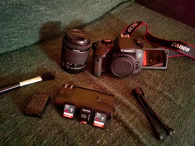 Canon EOS 750D with 18-55mm Lens , battery, Charger , 3 memory cards, bag , tripod