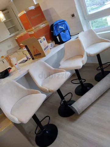 Set of 4 Adjustable Bar Stools with Swivel Seats - Cream/Beige (one of them having small cut