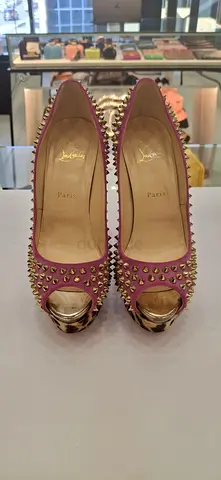 Used Christian Louboutin Pink Studded Peep-Toe Pumps — Size Unknown