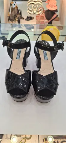 Black patent leather platform sandals - size not specified