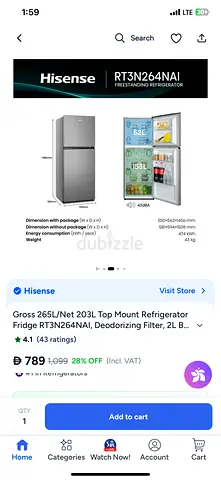 Hisense RT3N264NAI 265L Top Mount Refrigerator – Silver, Good Condition