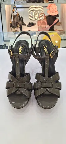 Yves Saint Laurent Gray Patent Leather High Heel Sandals - Size Unknown