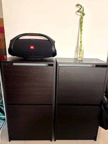 Pair of dark wood 2-drawer shoe cabinets. IKEA Bissa