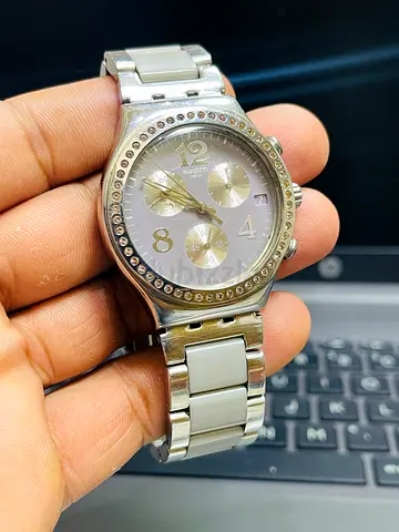 Silver Swatch Ladies Chronograph Watch with Crystal Bezel