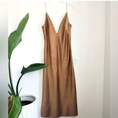 Zara Brown Satin Slip Dress with Spaghetti Straps - Size small