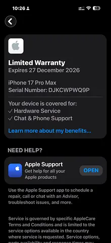 Apple iPhone 17 Pro Max Limited Warranty